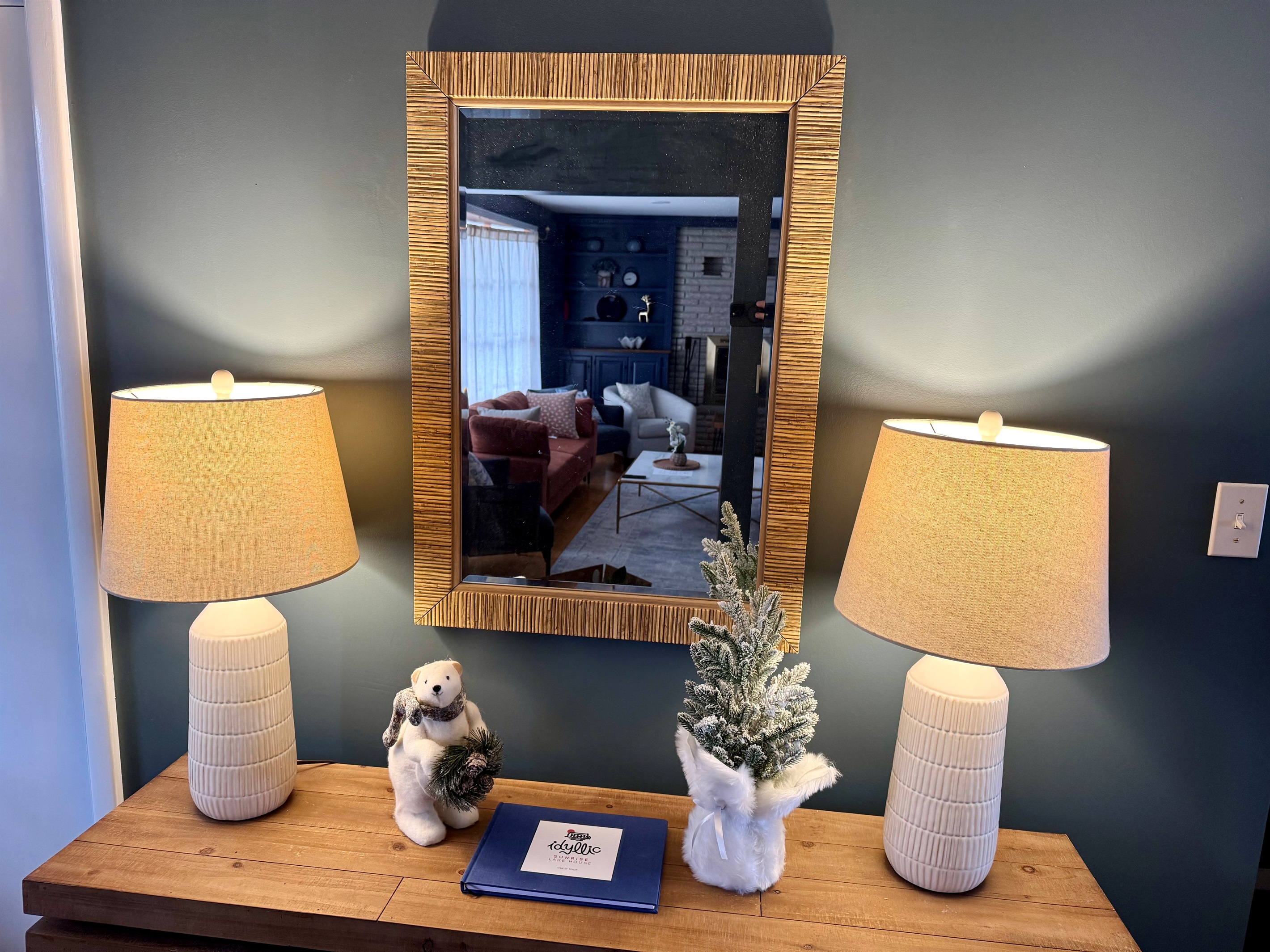 “Warm welcome at Idyllic Sunrise Lakehouse — a taste of the cozy, thoughtfully designed spaces throughout the home.”