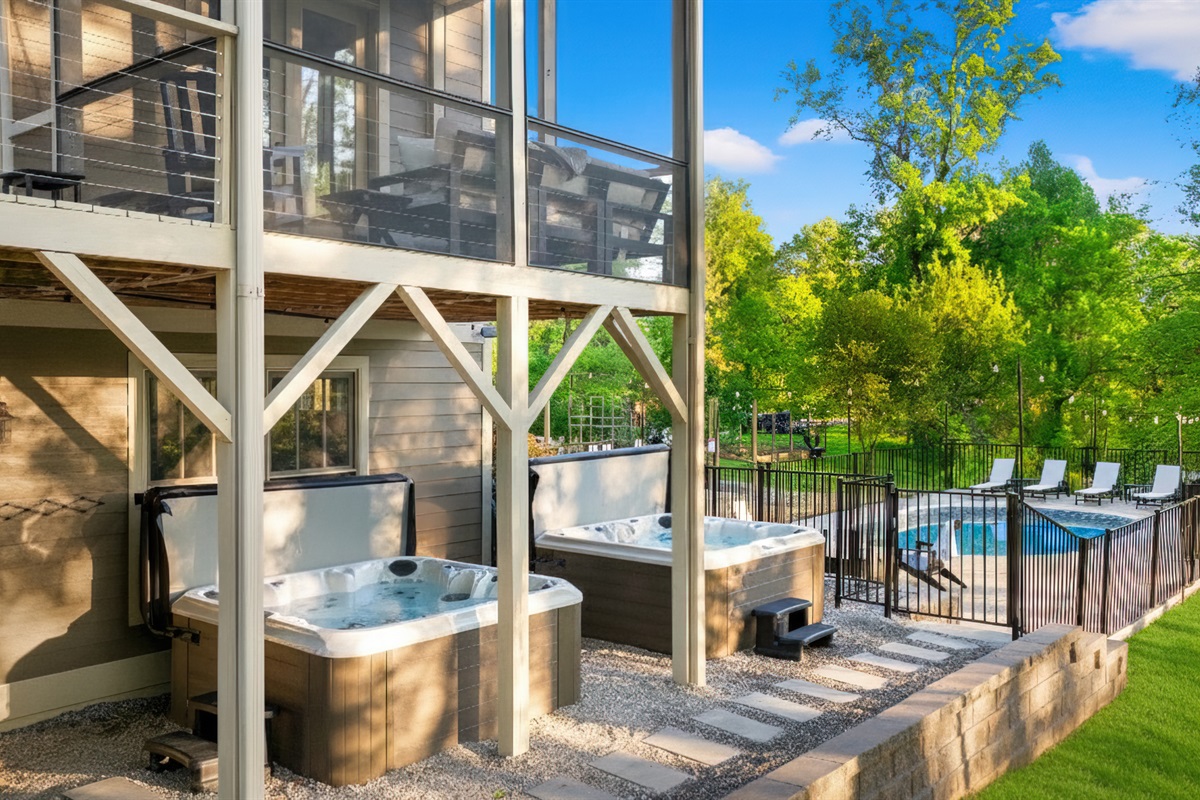 Not one, but two private hot tubs offer a relaxing soak after a day of hiking for the whole group!