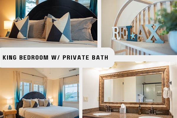 Our King suite is meant for relaxing! Designed with calming colors of the ocean and has a private ensuite bathroom with walk-in shower.