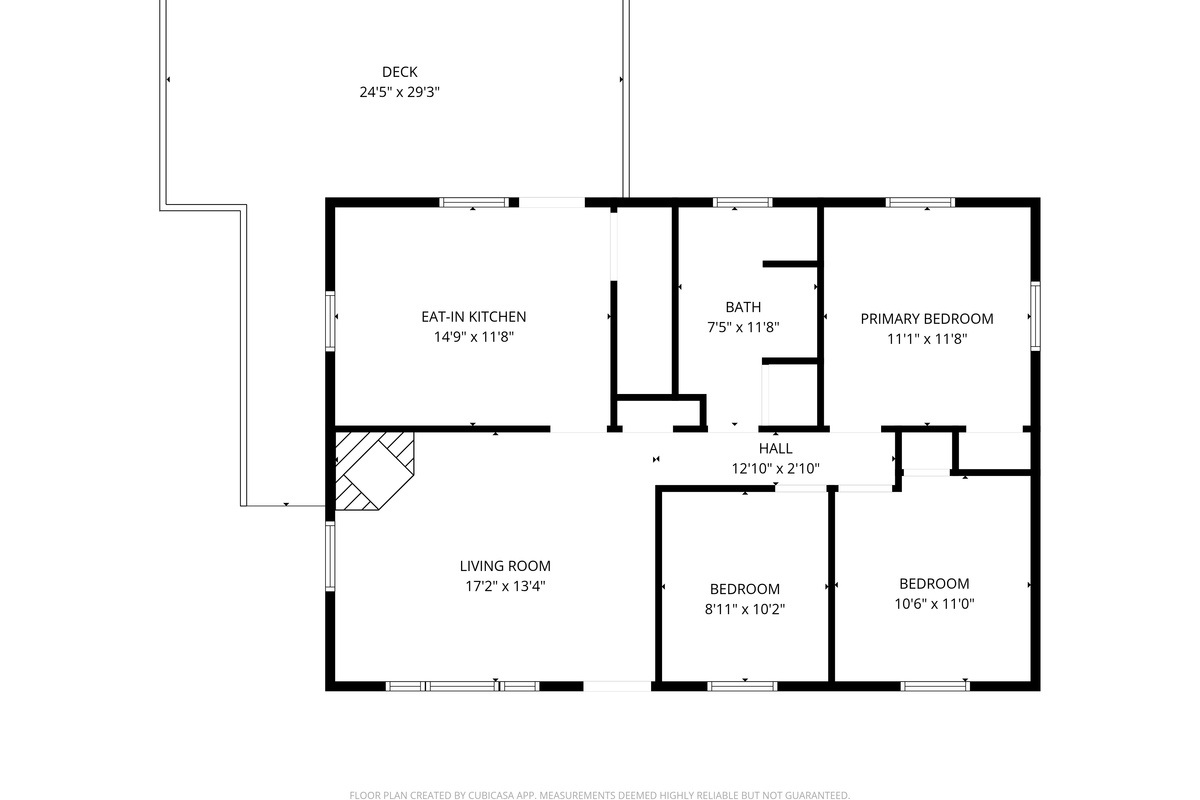 View the complete ranch-style floor plan detailing single-story main level living rooms and dimensions. See the open flow connecting the living room, eat-in kitchen, full bathroom, three bedrooms, and direct access to the spacious outdoor deck.