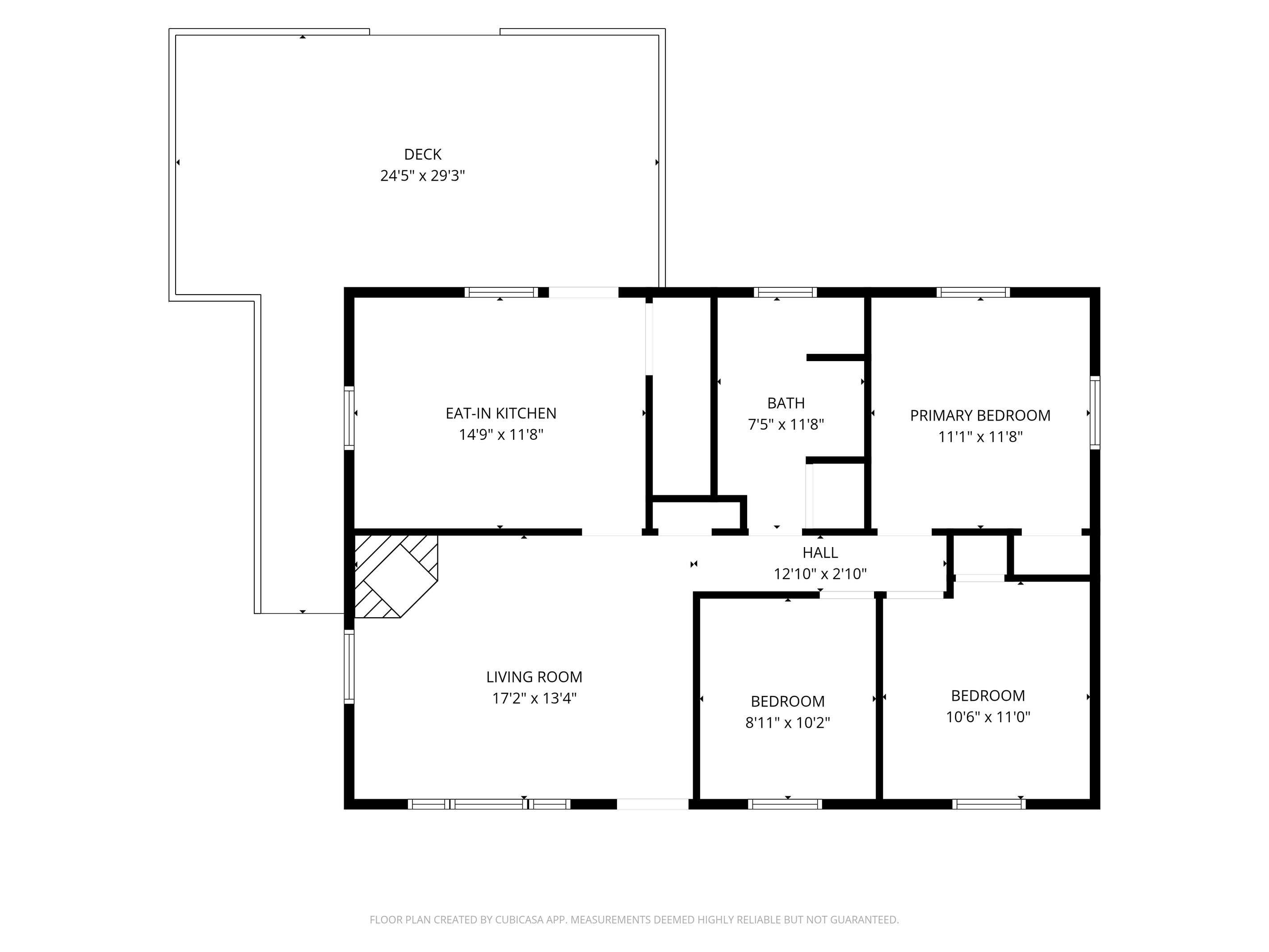 View the complete ranch-style floor plan detailing single-story main level living rooms and dimensions. See the open flow connecting the living room, eat-in kitchen, full bathroom, three bedrooms, and direct access to the spacious outdoor deck.