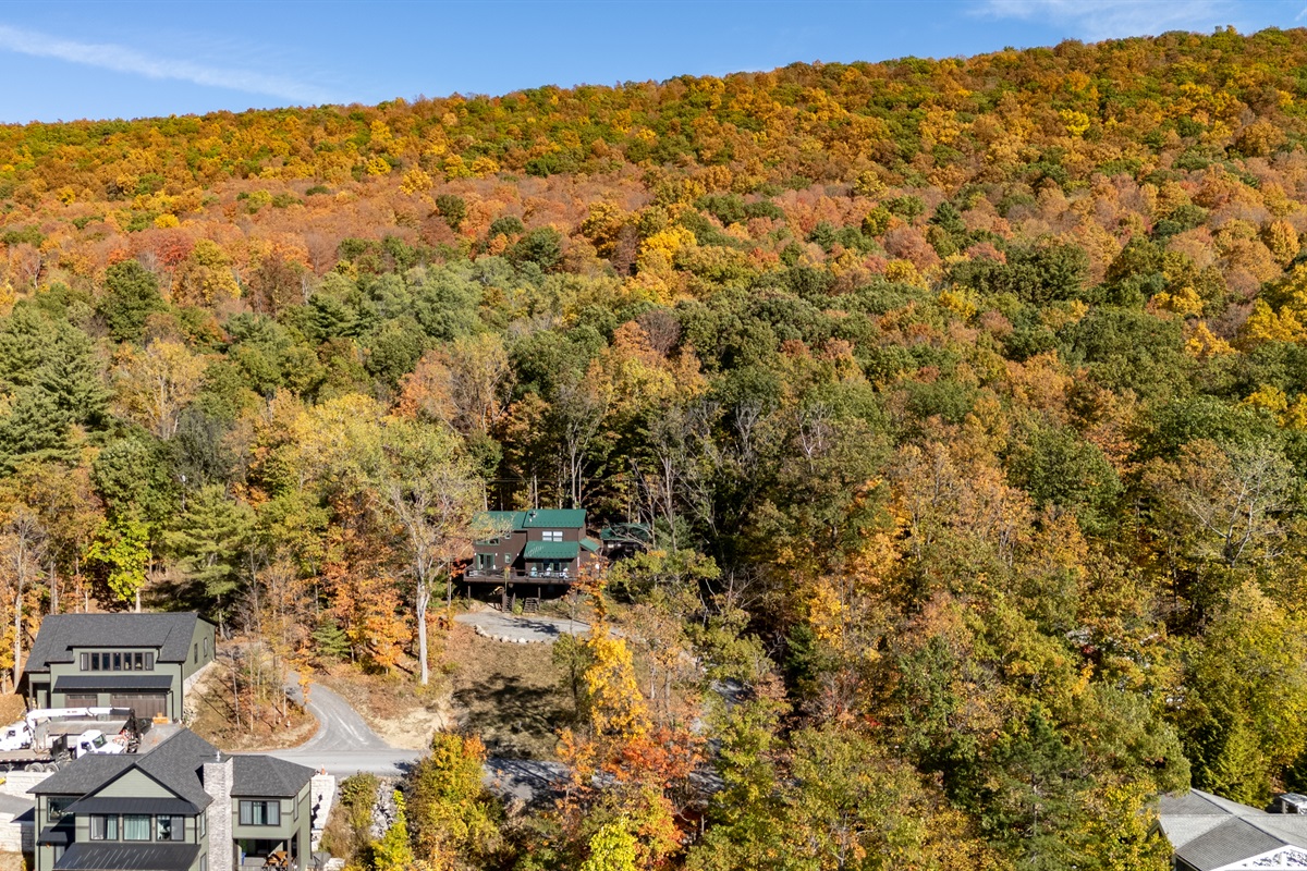 A stunning hillside view showcases your secluded getaway surrounded by autumn colors and lake serenity.