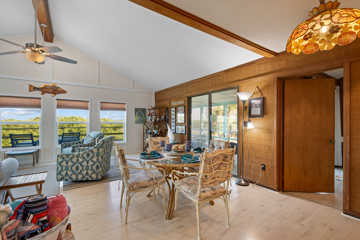 The dining room and kitchen share an open floor plan when you enter.
