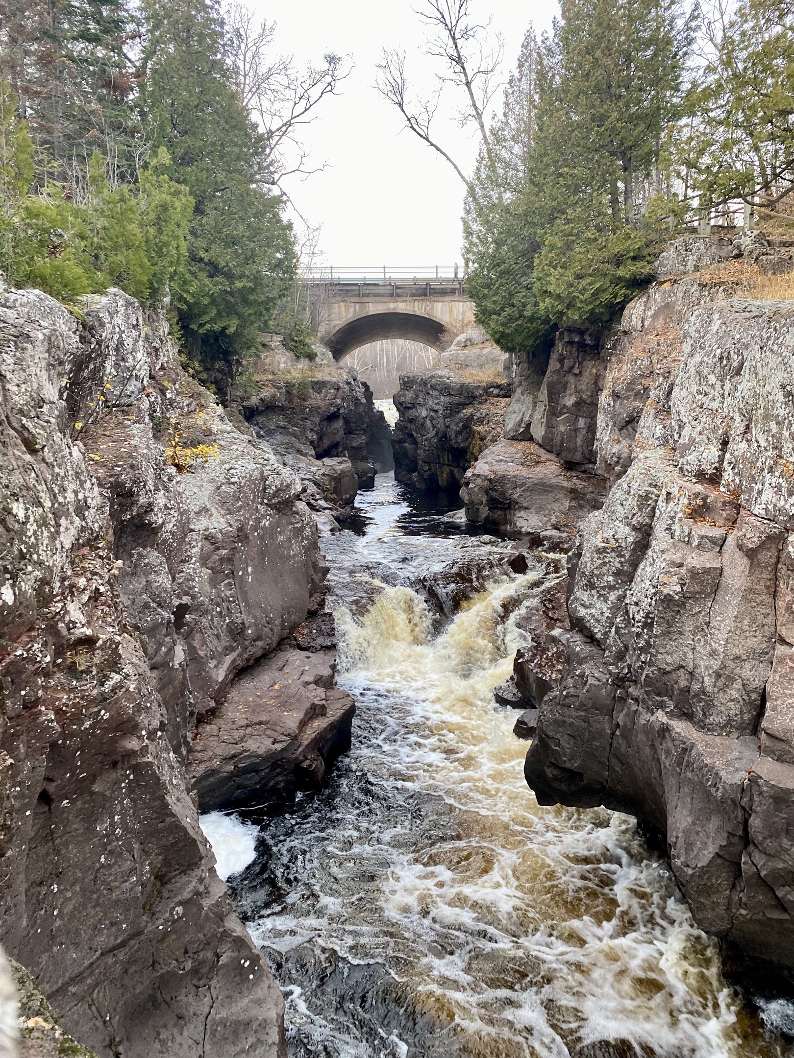 Stunning gorge at Temperance River State Park, featuring rushing waters and a bridge spanning the canyon. Just 5.6 miles from our cabin, it’s the perfect spot for a quick hike. 