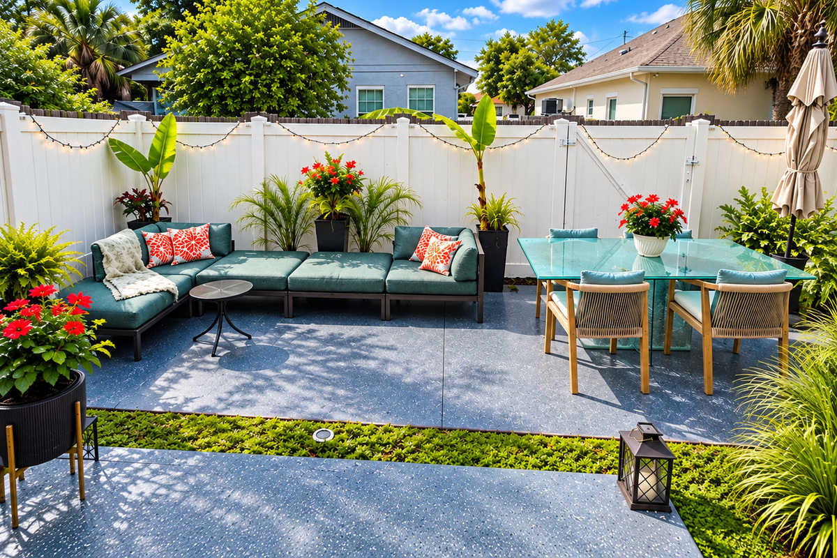 Luxury outdoor privacy fence with contemporary furnishings, perfect for morning coffee or evening entertainment.