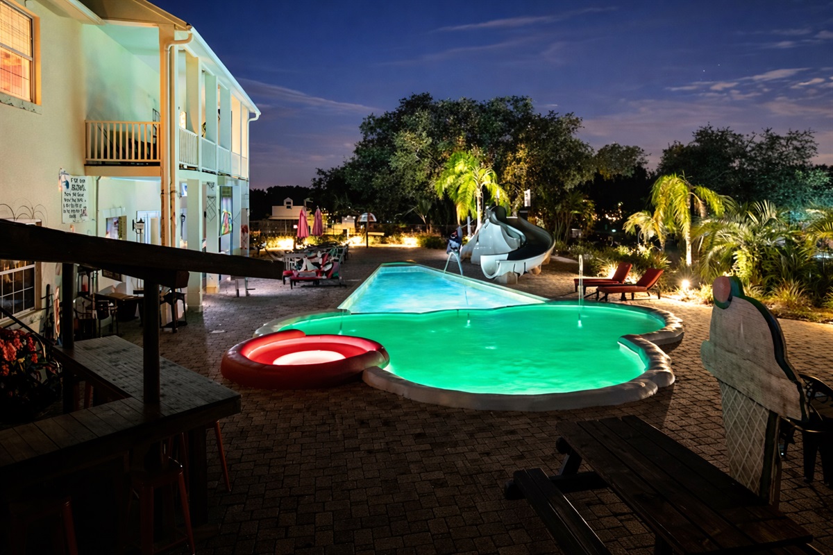 Nighttime pool resort glow