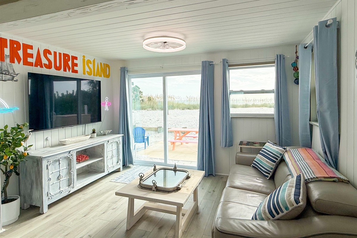Living Room w/65" TV and Shabby Chic TV Console