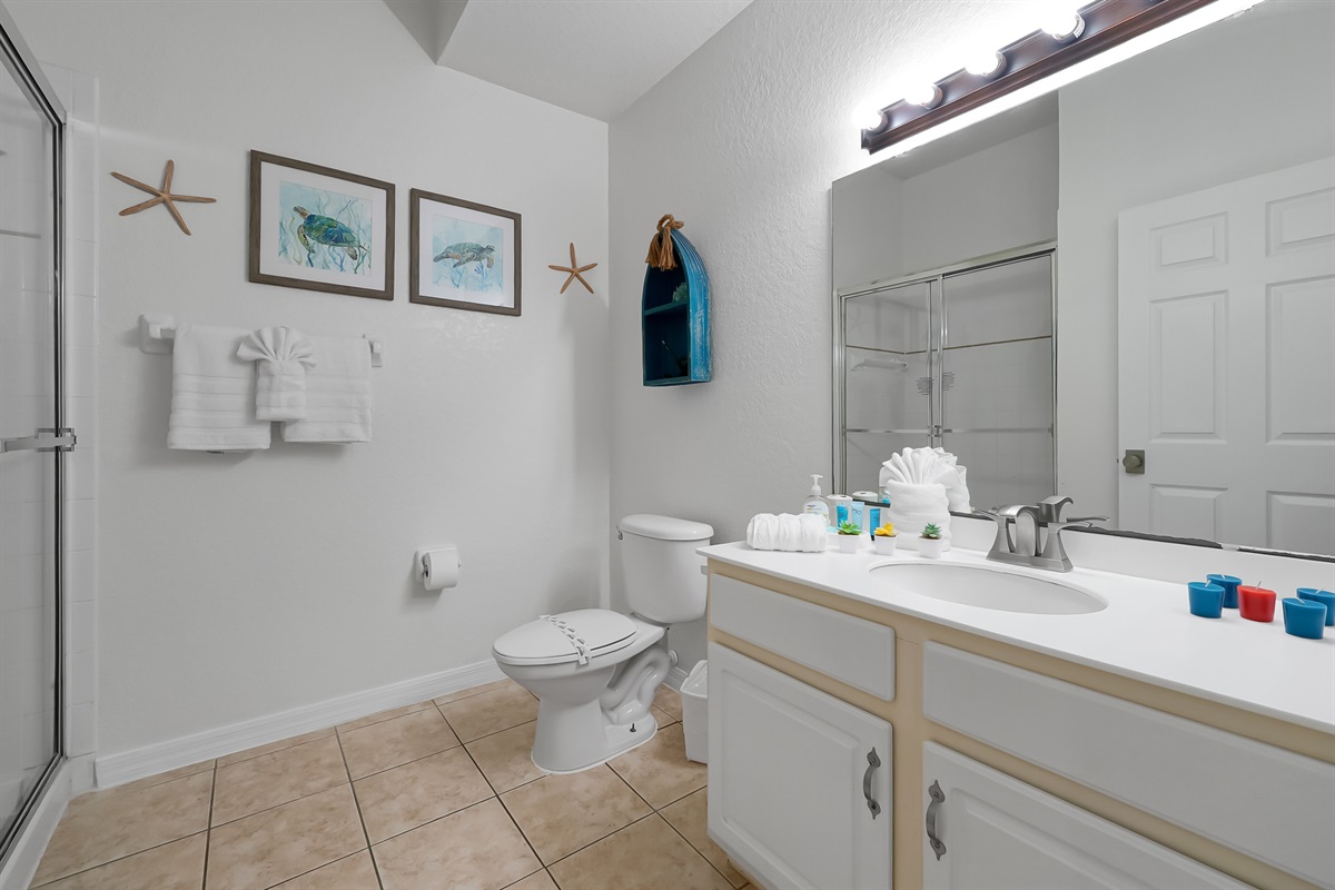 Guest queen bedroom bathroom with walk in shower