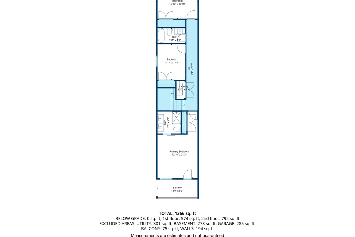 Upper level layout featuring bedrooms, full bathrooms, balcony, and laundry closet.