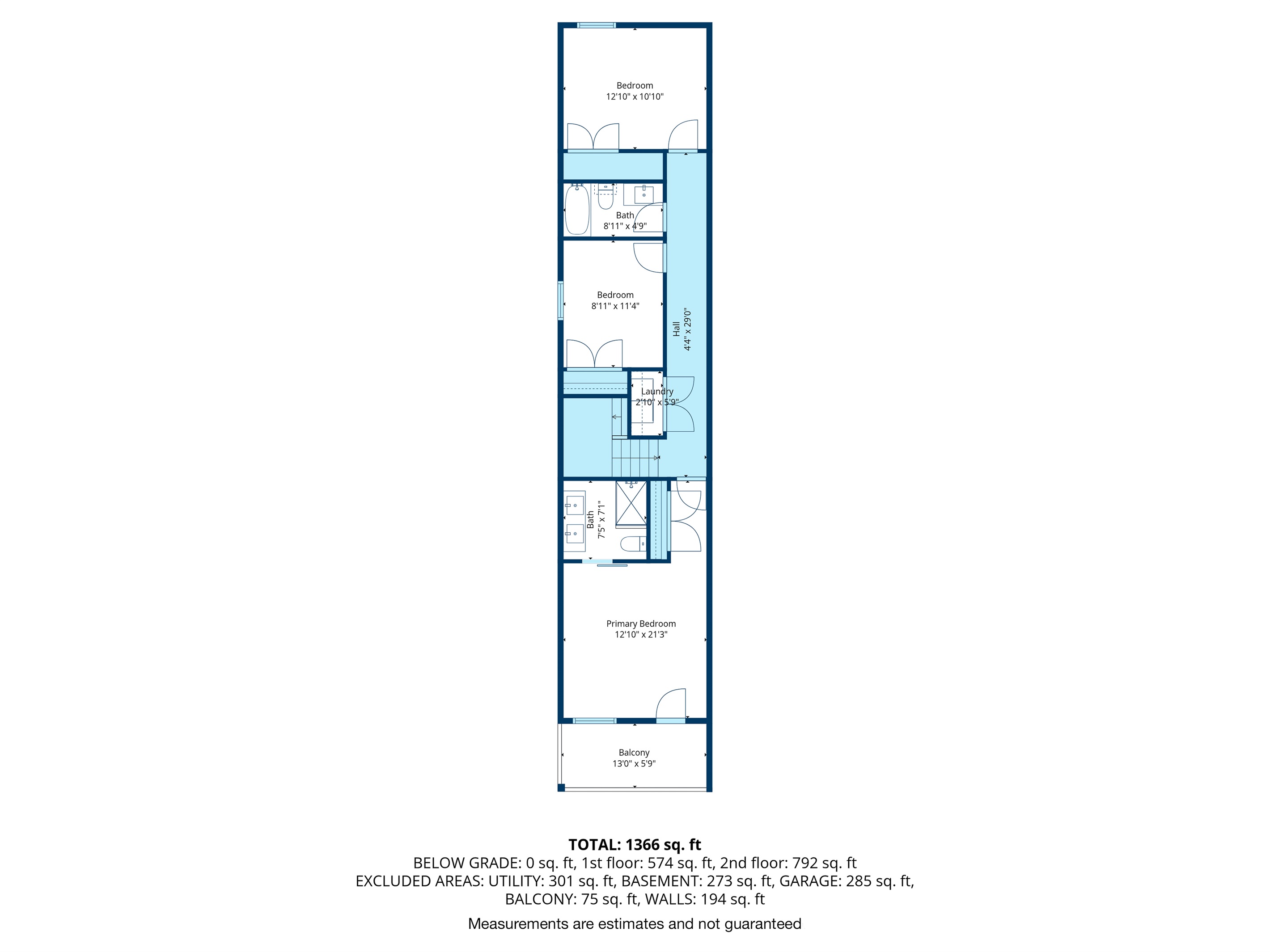 Upper level layout featuring bedrooms, full bathrooms, balcony, and laundry closet.
