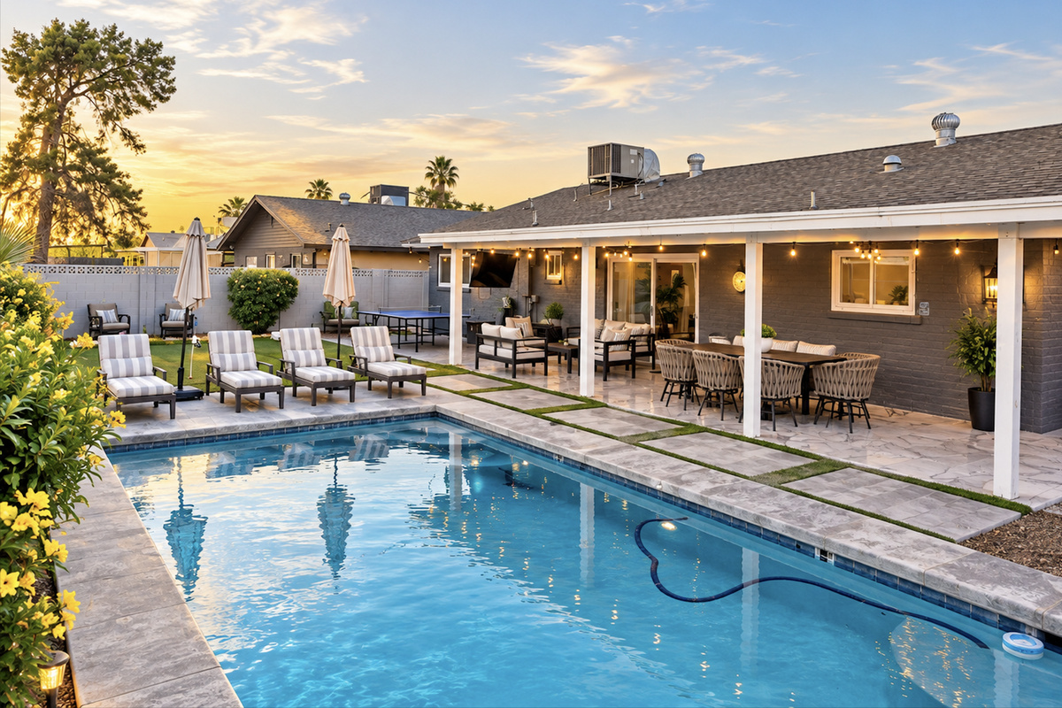 Unwind and relax in the pool with the sun setting by it