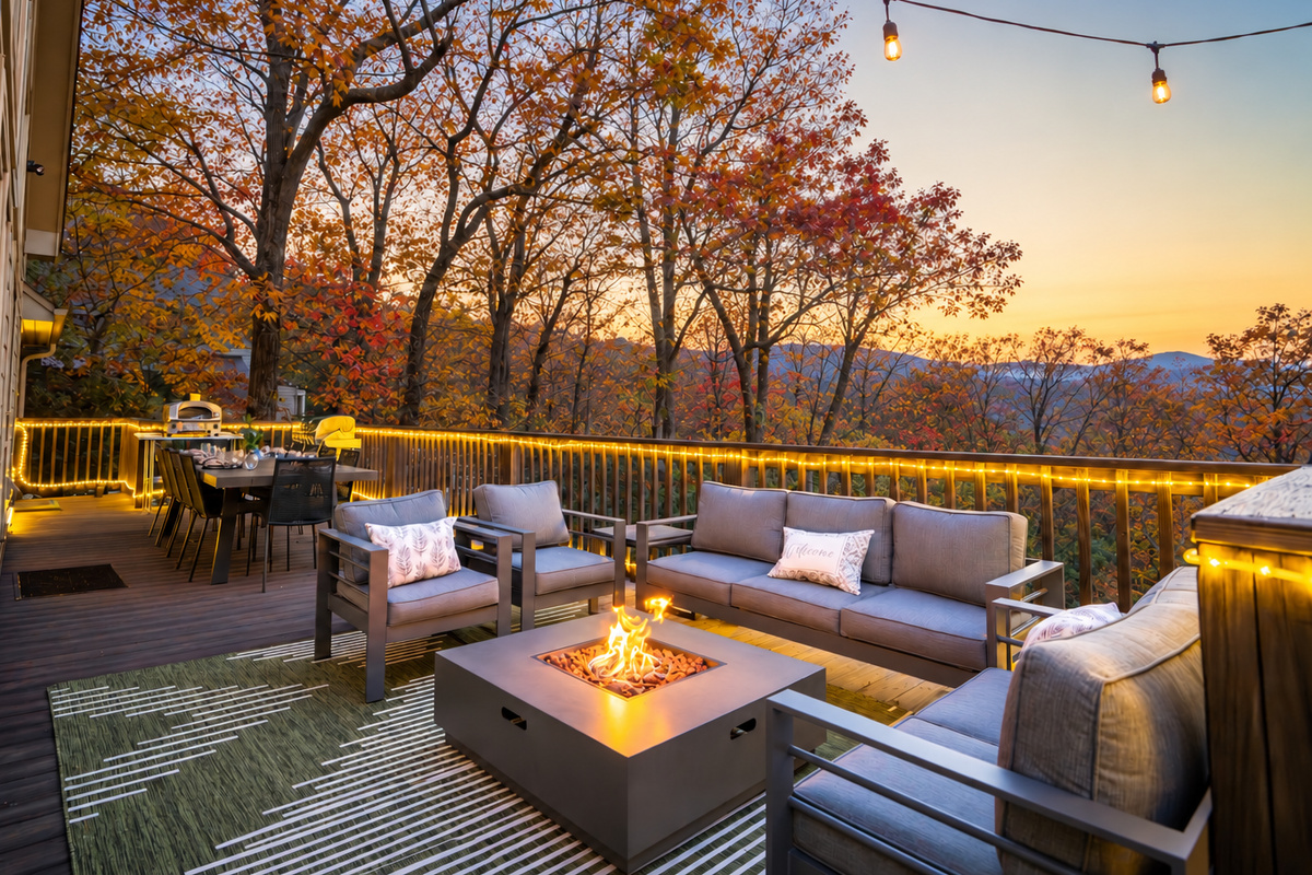Relax by the fire or dine among the treetops with seasonal Blue Ridge mountain views.