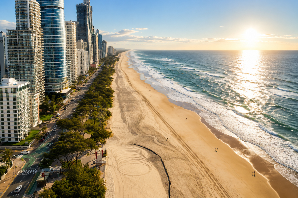 Surfers Paradise Beach sits just moments from Robin’s Oceanview Penthouse, placing one of the Gold Coast’s best-known beachfronts close to the apartment.