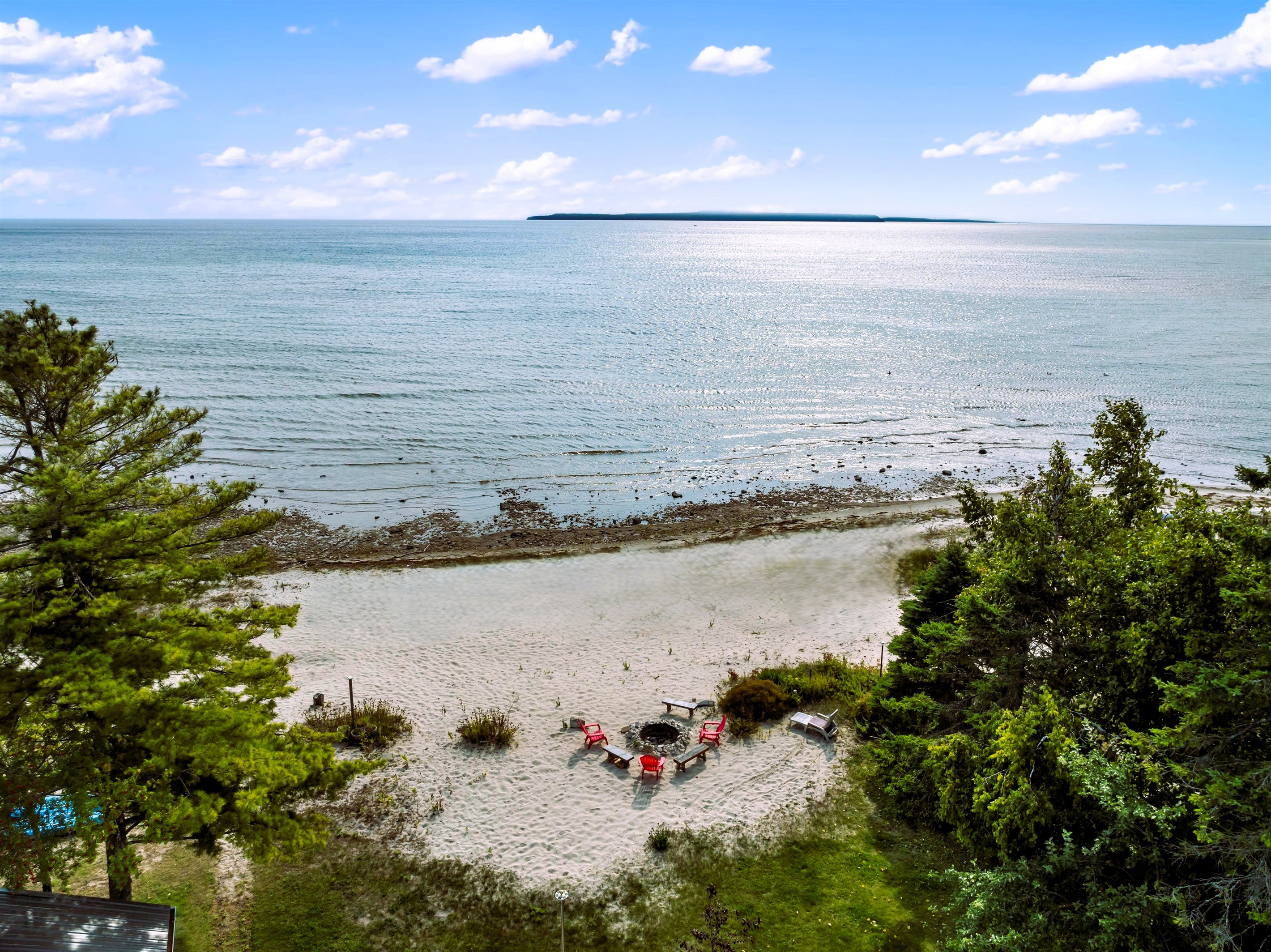 Aerial view of the property, with Mackinac Island in the distance