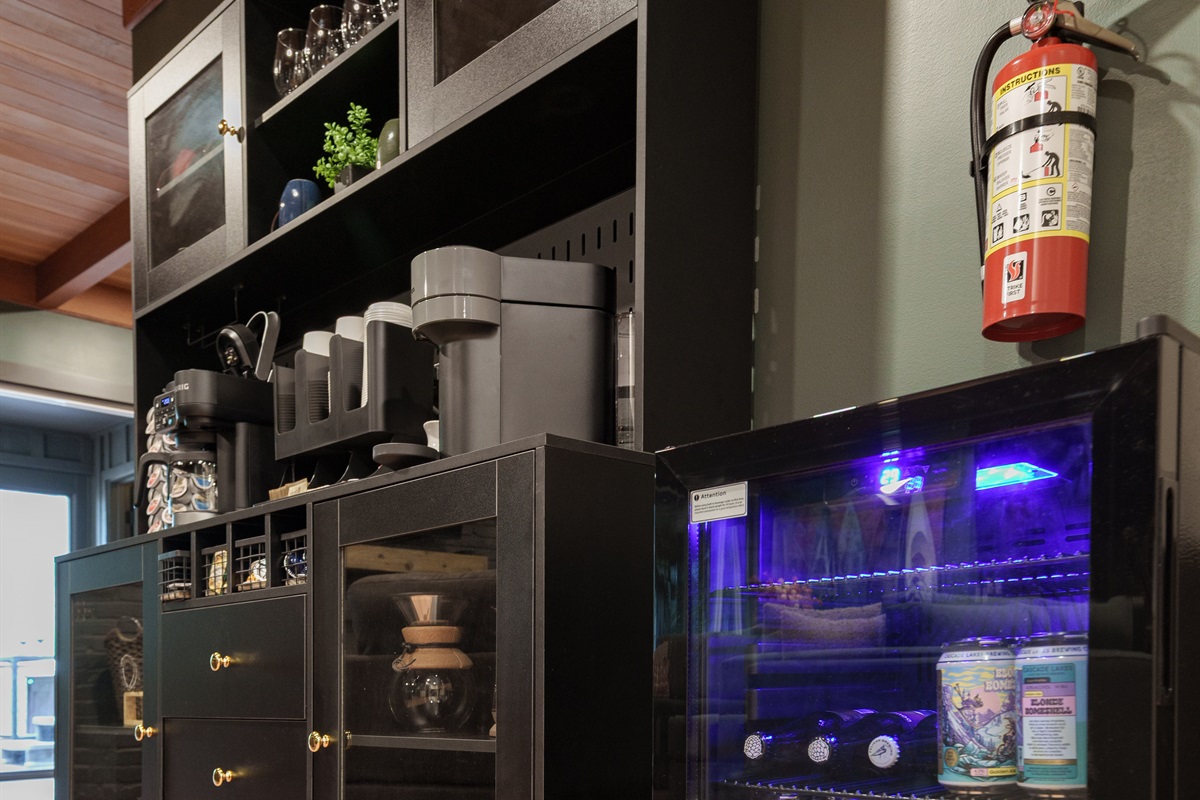 A full coffee station and dedicated beverage fridge make it easy to relax with a hot latte or an ice-cold drink anytime during your stay.