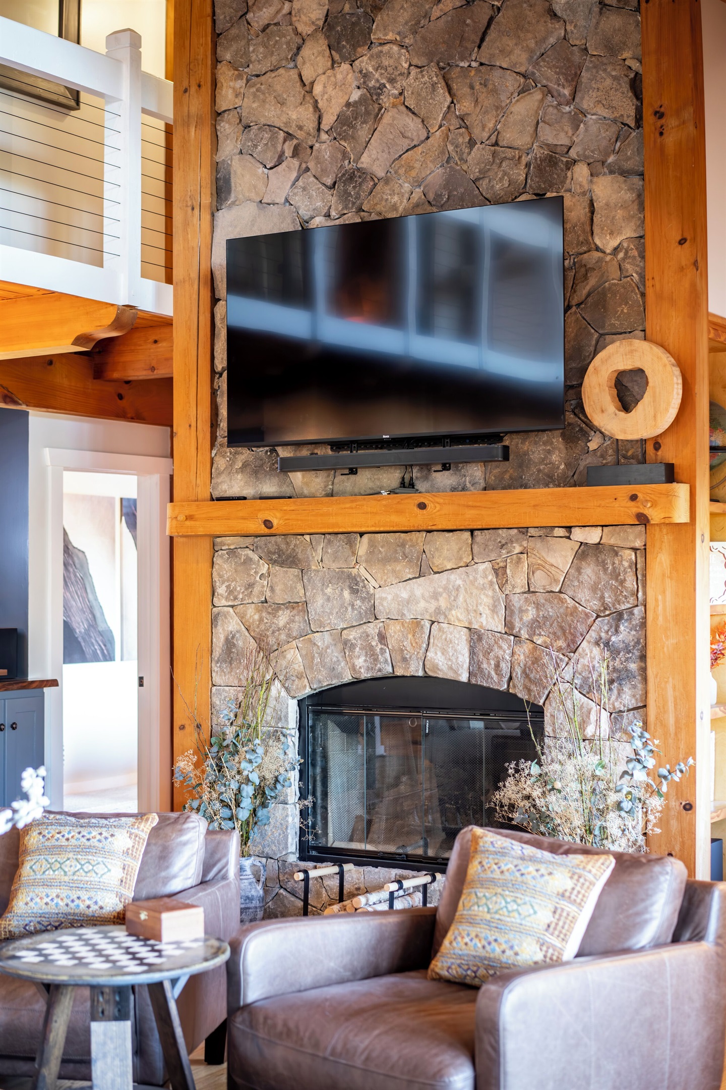 Stunning living room with post and beam architecture