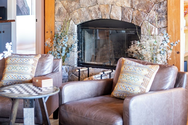 Stunning living room with post and beam architecture