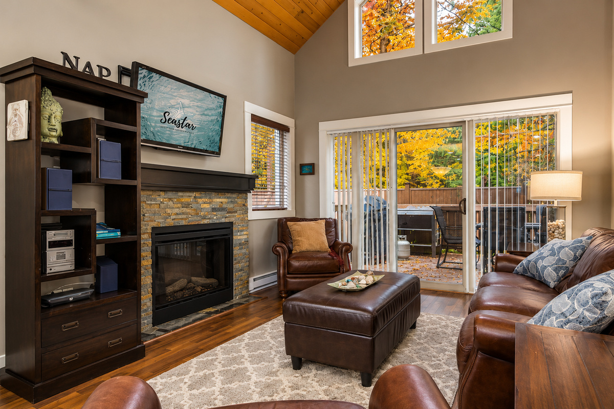 Cozy up by the fireplace after a day out