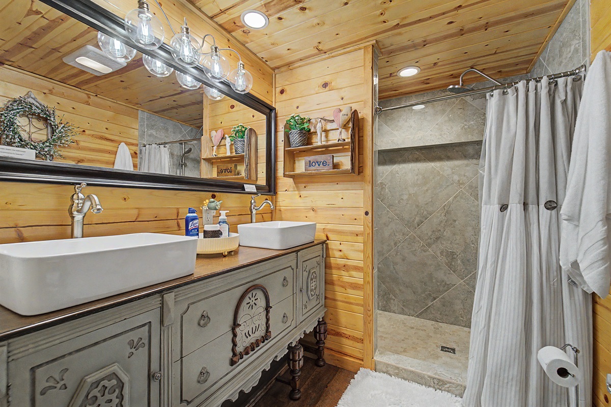 Full Master Ensuite with Custom Two Sink Vanity and Tiled Shower