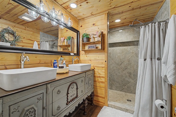 Full Master Ensuite with Custom Two Sink Vanity and Tiled Shower