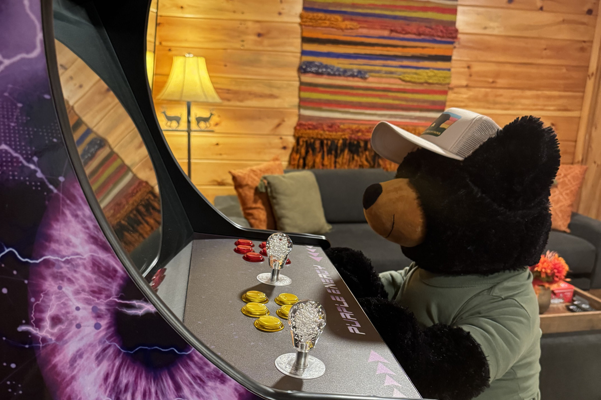 Your host Ridge Bear, mastering the arcade.