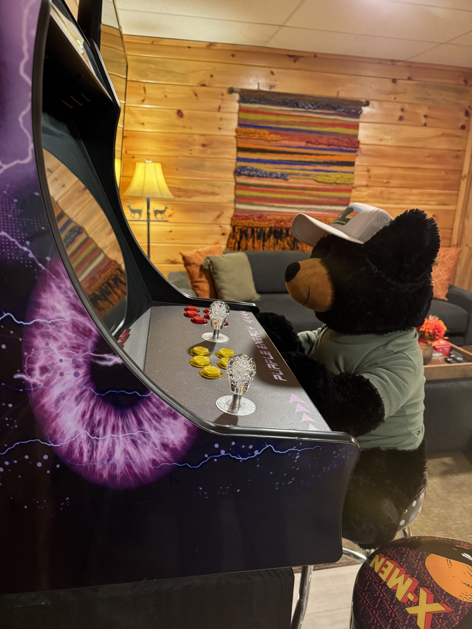 Your host Ridge Bear, mastering the arcade.
