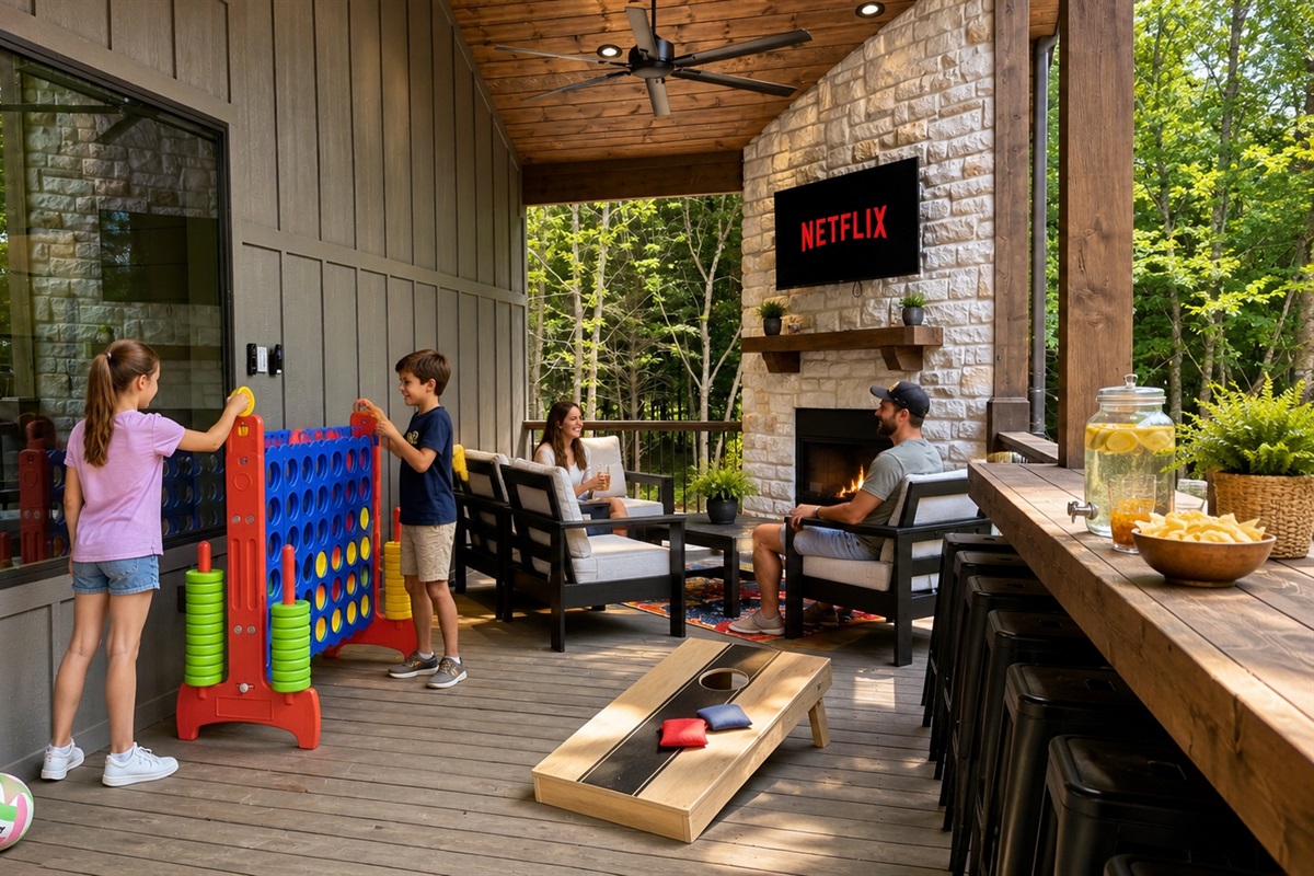 Outdoor Entertainment Area: Enjoy games, Netflix, and cozy chats beside the fire!