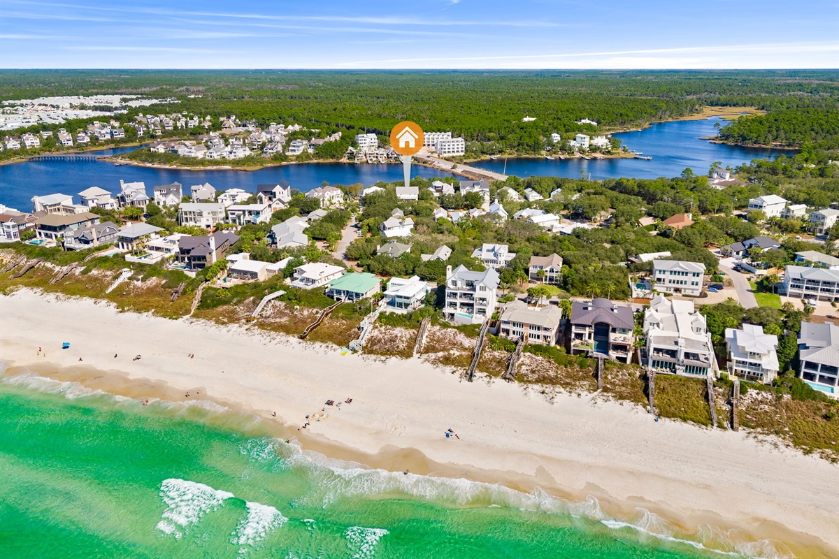 A bird's-eye view of your private lakeside escape and lush surroundings.