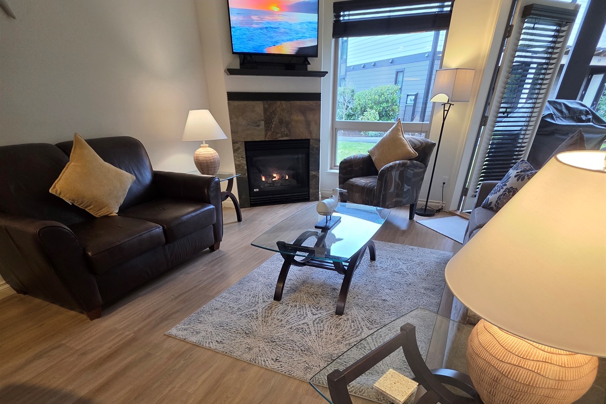 Unit A. Streaming TV. Natural Gas fireplace. Double Glass doors to a private covered deck. AC Unit. Queen sofa pull-out plus ample comfortable seating.