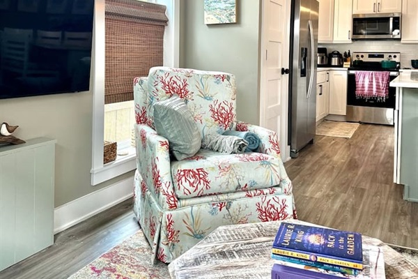 View of full kitchen from couch
