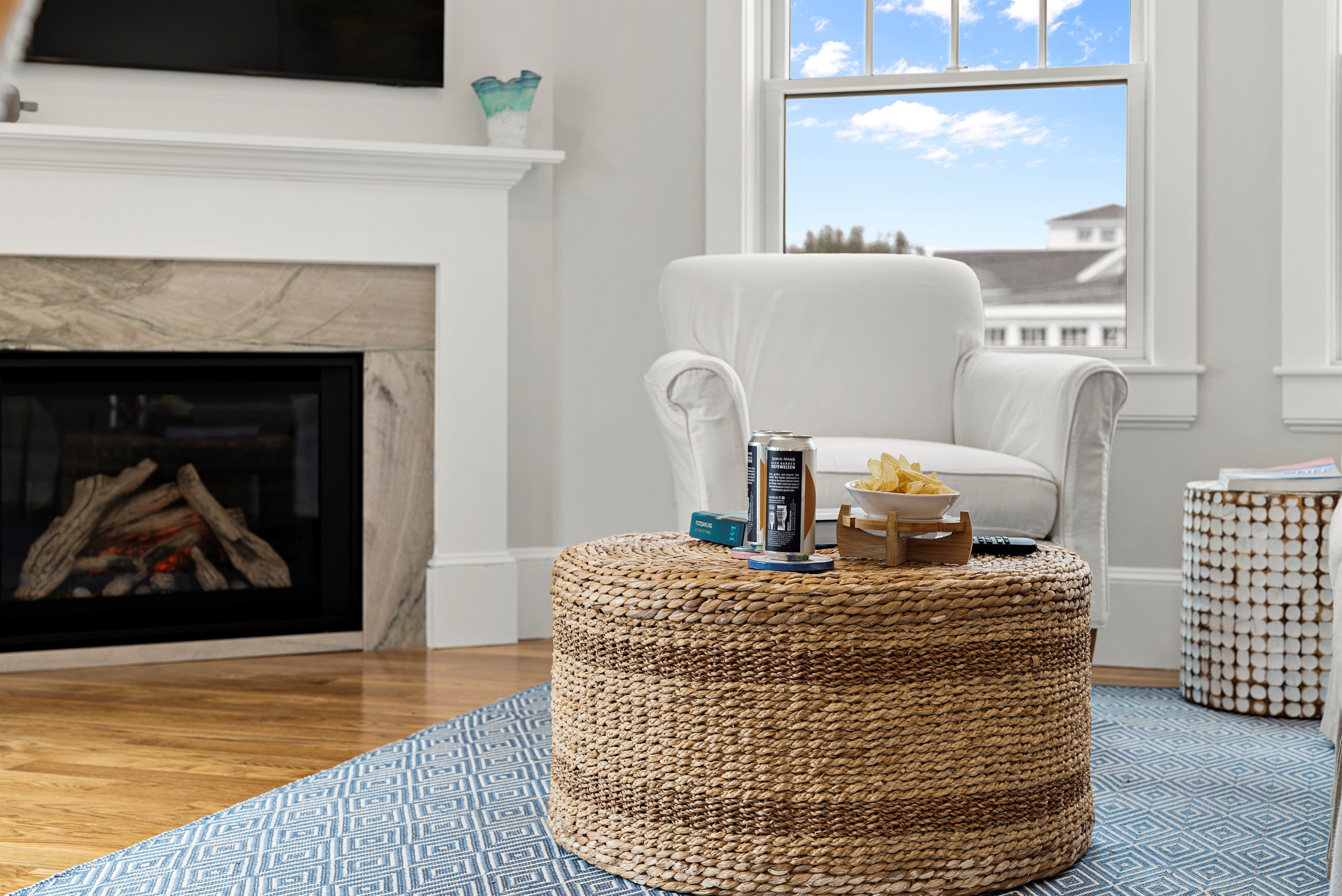 A gas fireplace adds warmth and ambiance to the living space.