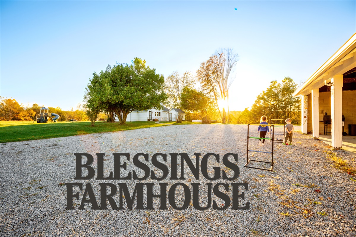The gravel parking area in front of the house has plenty of space for your vehicles or for yard games!  The game barn is at the right of this; the house, playground & fire pit are to the left.