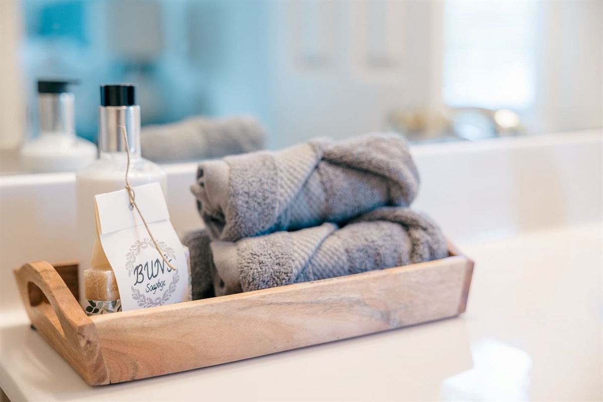 Makeup washcloths available at each sink.