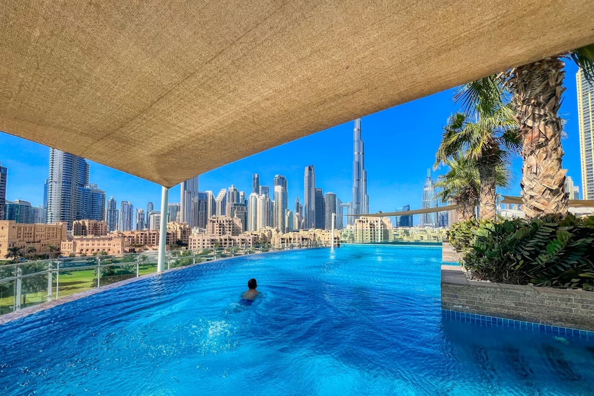 Swimming pool with full Burj Khalifa view