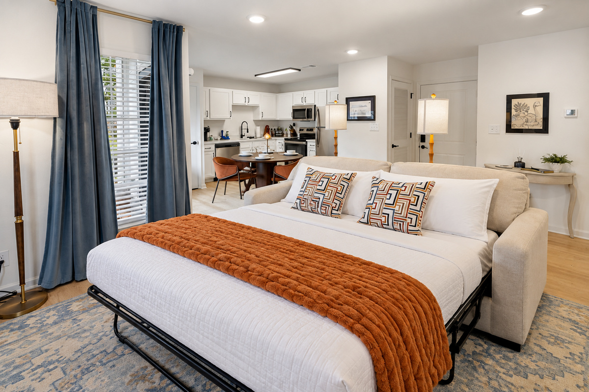 The living room’s queen sleeper sofa easily transforms into a cozy bed, giving your group more room to spread out and sleep comfortably at The Tiger Terrace.