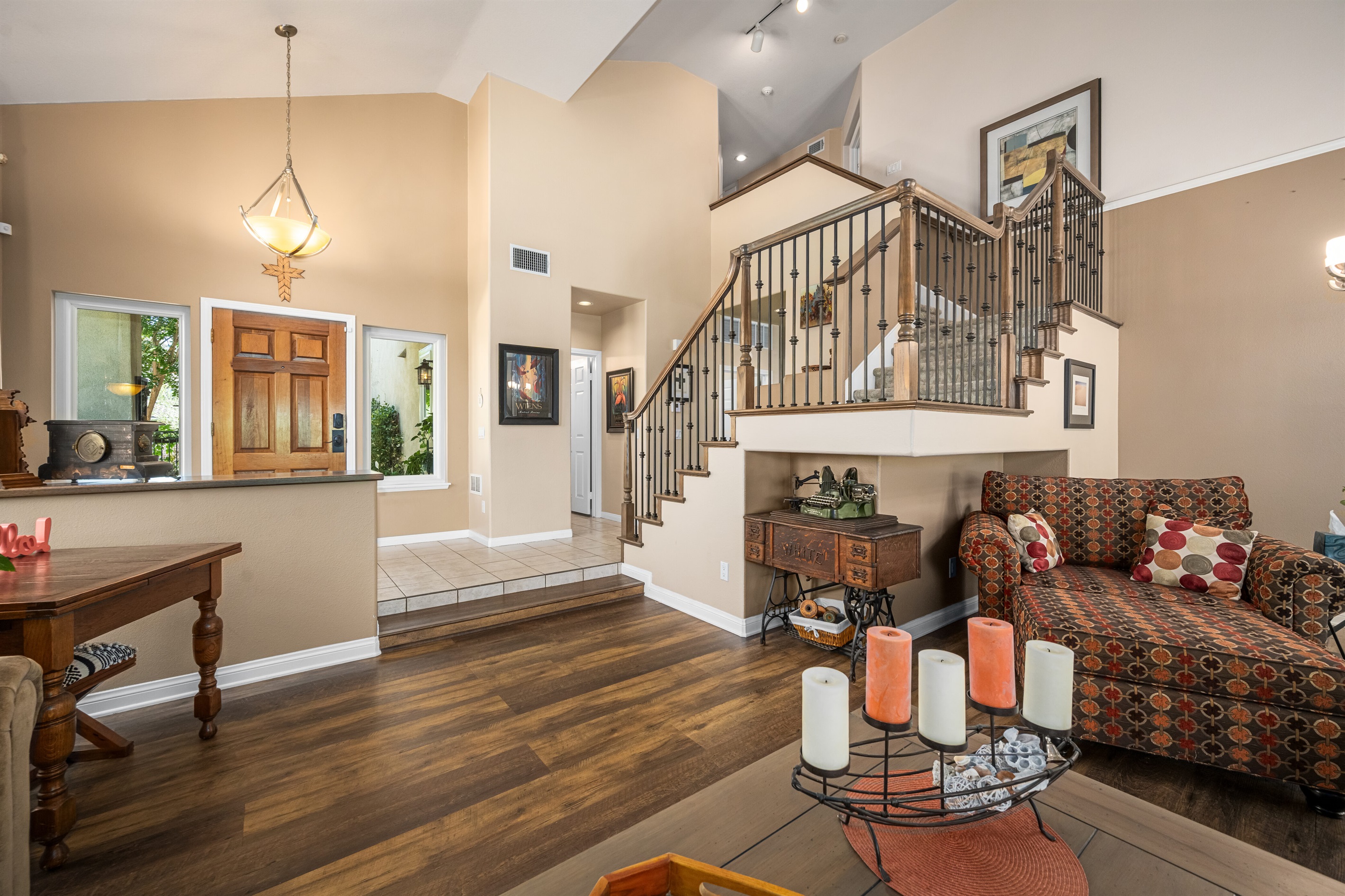 Living Room,  view of downstair’s bath and stairway