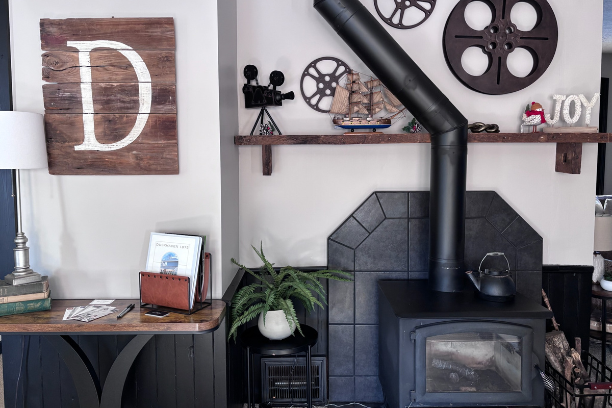 Vintage-inspired record player and decor add character to the library.