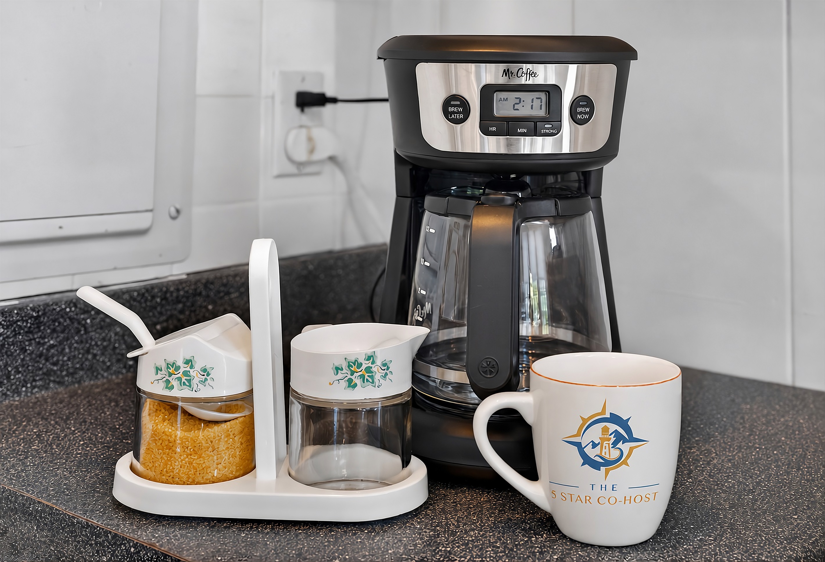 Essential coffee maker provided for simple, at-home brewing.