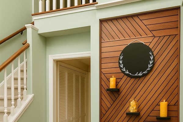 Vertical shiplap wall with a stylish mirror adds architectural detail and depth to the home’s interior. 