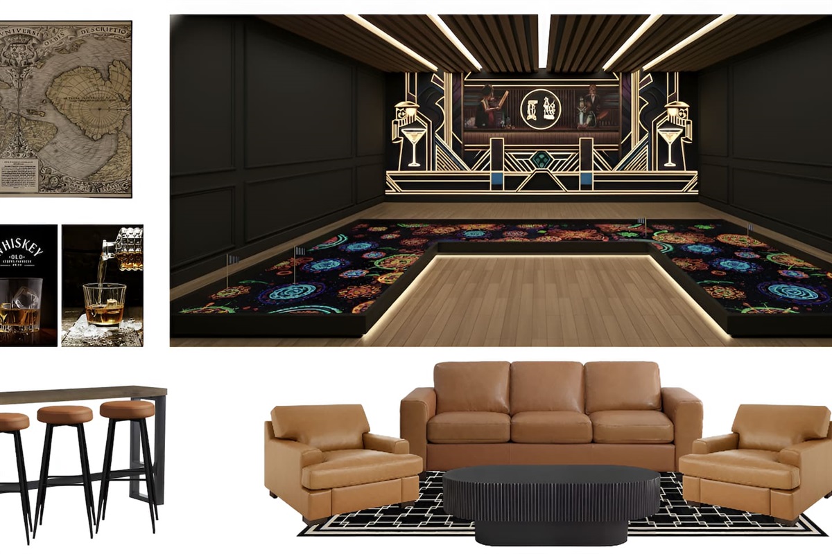 Enjoy the ultimate entertainment lounge and private bar area. This luxury game room features plush leather seating, a custom indoor putting green, and a chic speakeasy vibe. Perfect for group gatherings and high-end vacation rental fun.