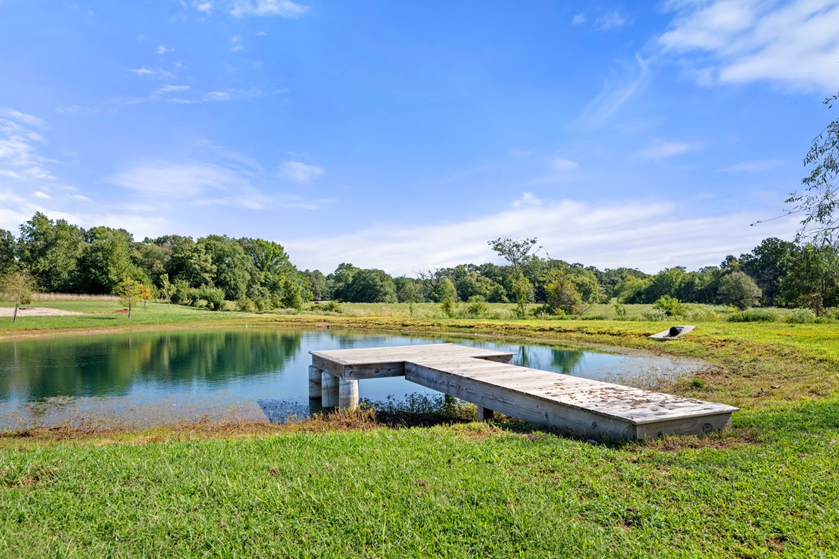 Private dock overlooking a serene pond. Perfect spot for fishing, nature watching, or peaceful mornings by the water.