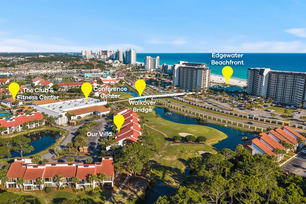 Arial view of our villa's proximity to all that Edgewater has to offer