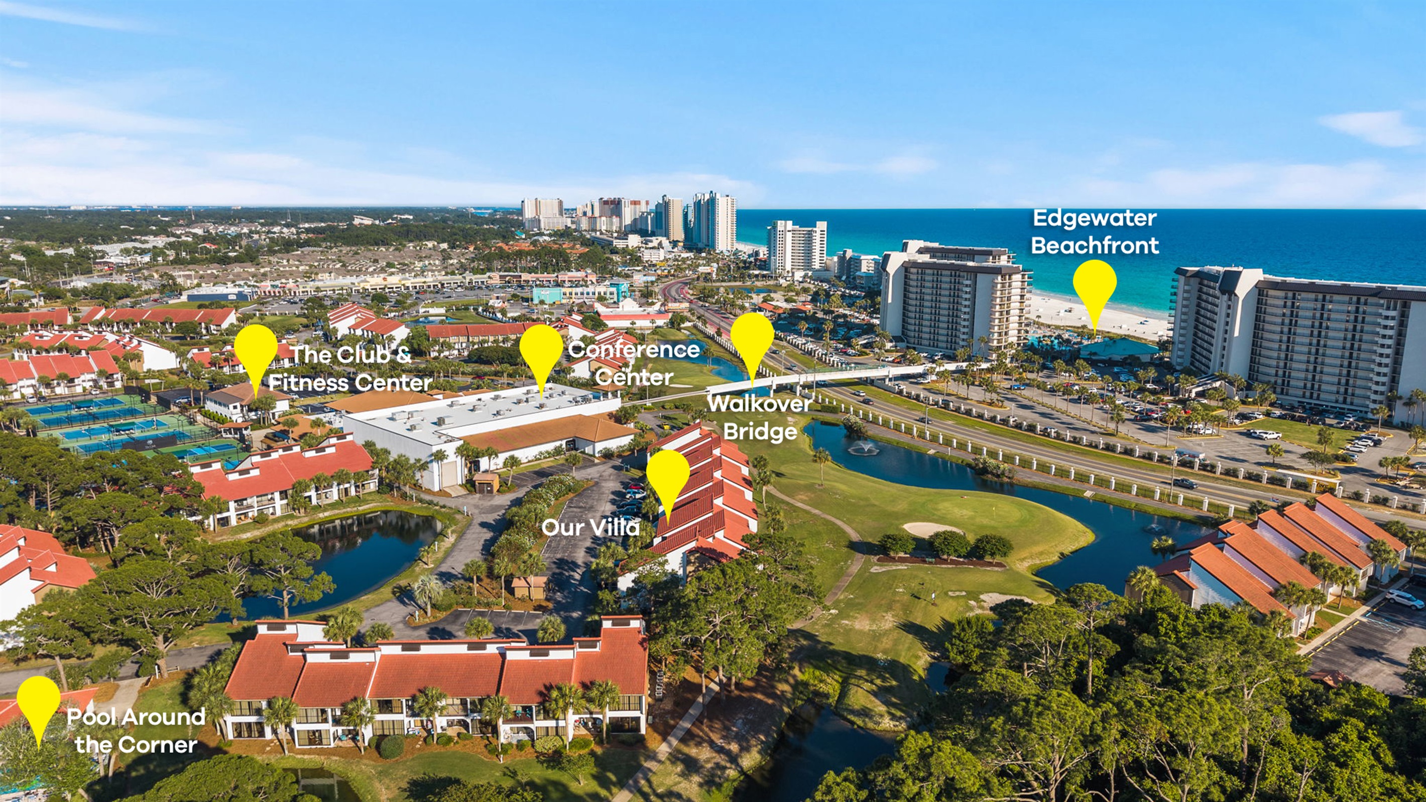 Arial view of our villa's proximity to all that Edgewater has to offer