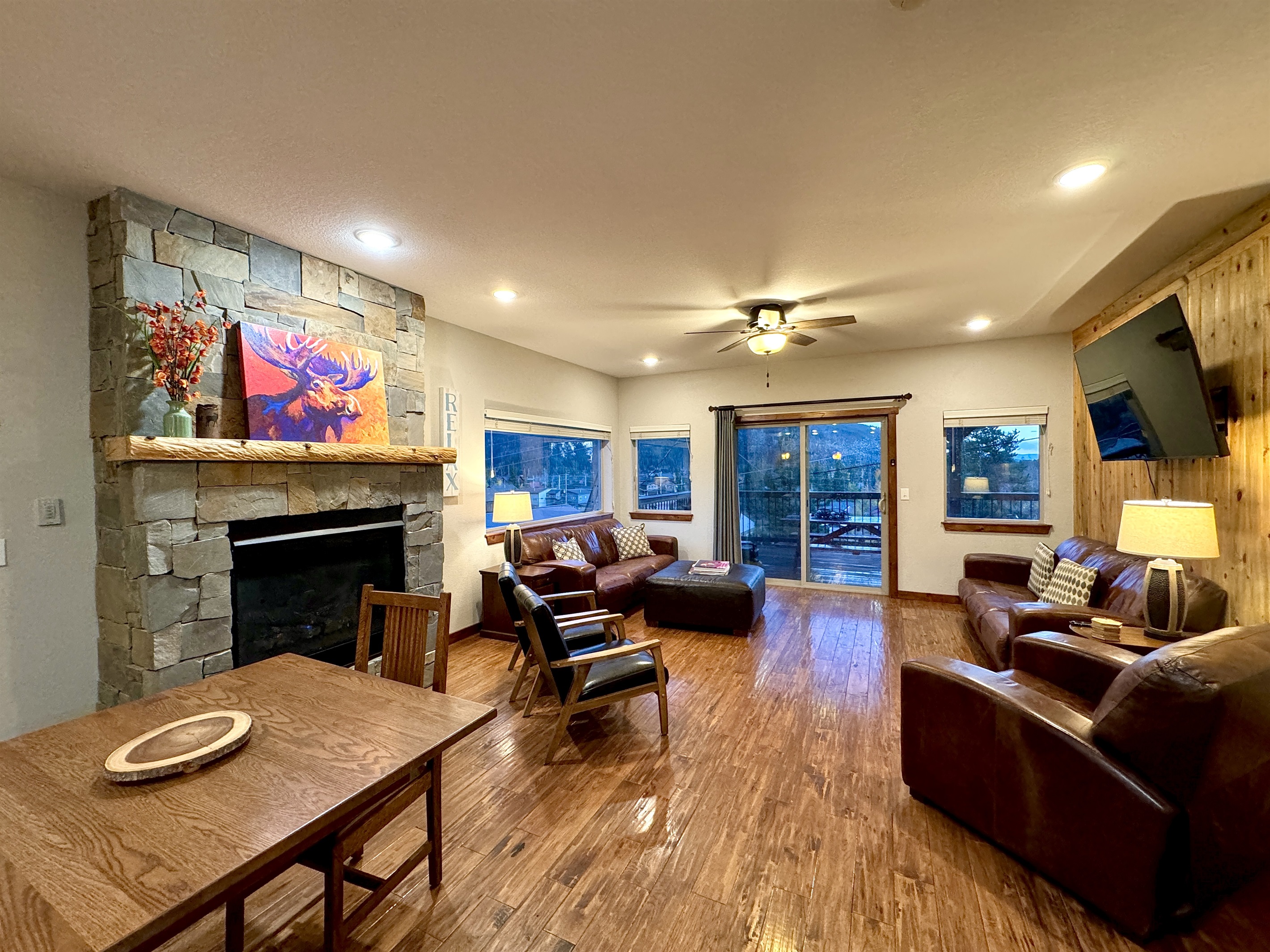 Unwind in the cozy living room, featuring a 65” ROKU TV—perfect for lounging on a quiet mountain evening. Your peaceful retreat.