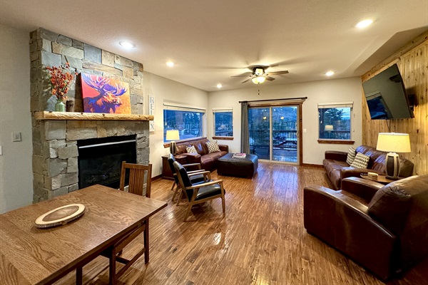Unwind in the cozy living room, featuring a 65” ROKU TV—perfect for lounging on a quiet mountain evening. Your peaceful retreat.
