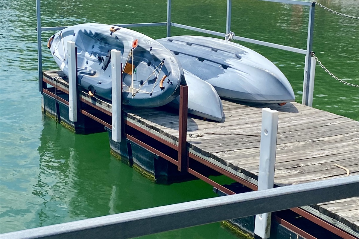 Kayaks and paddle boats available for checkout at the dock