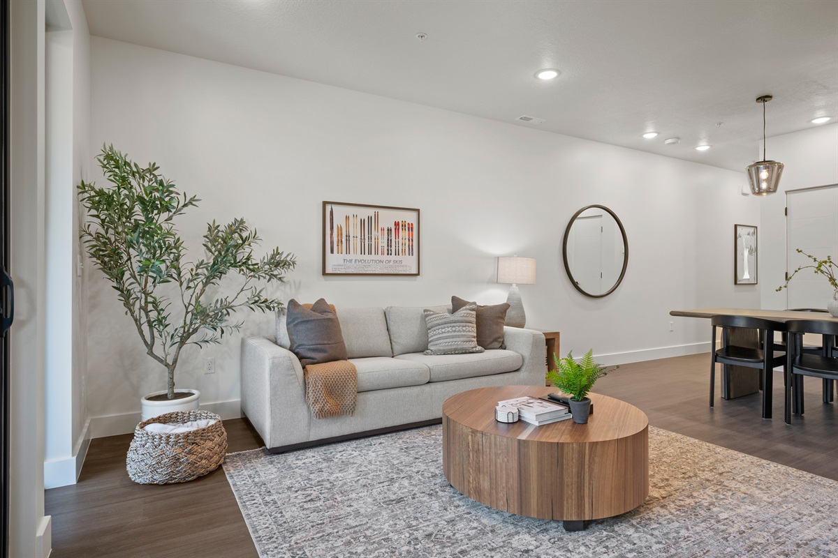 Luxurious sleeper sofa and modern decor for relaxing in the evenings.