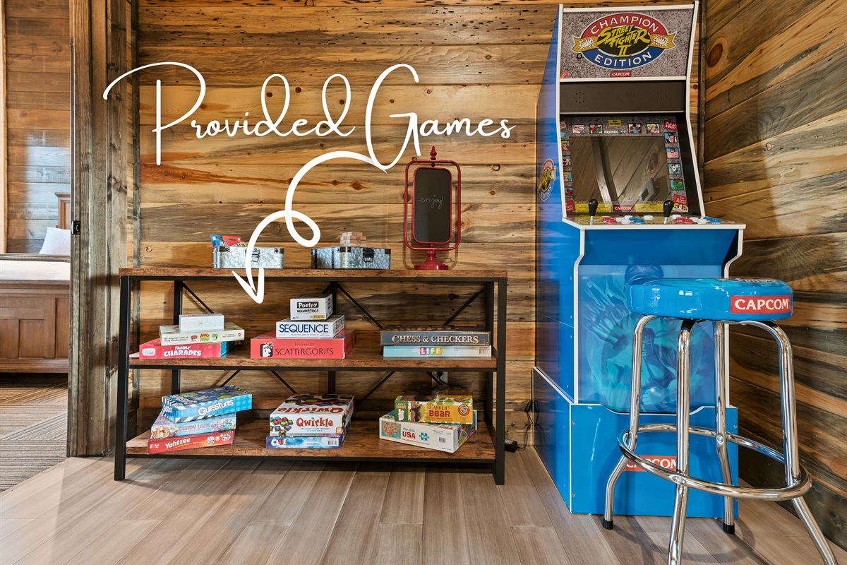 A selection of board games and an arcade machine are thoughtfully provided for endless entertainment and fun.