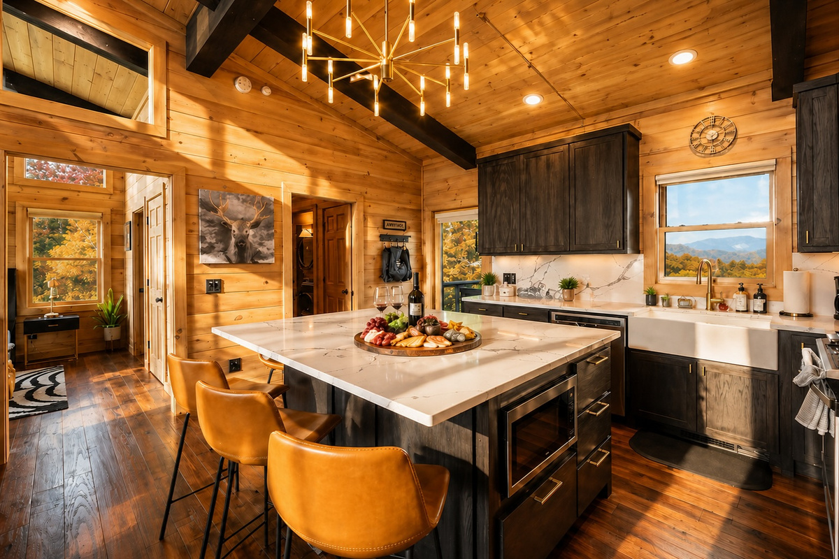The combination of black cabinetry and white countertops adds elegance to this fully equipped kitchen, designed for both style and function.