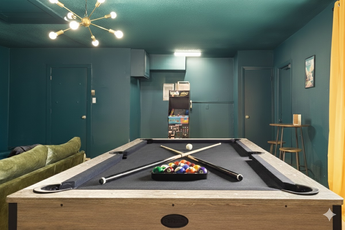 Enjoy hours of fun in the private game room featuring a full-size pool table, big screen TV, and arcade.